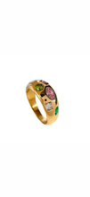 Load image into Gallery viewer, Gold ring with colorful gemstones on a white background